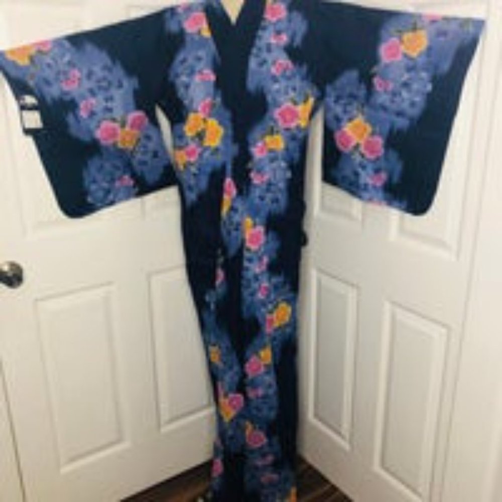 Vintage 80’s Cotton Japanese Kimono Jacket Robe Blue Floral Print OS
